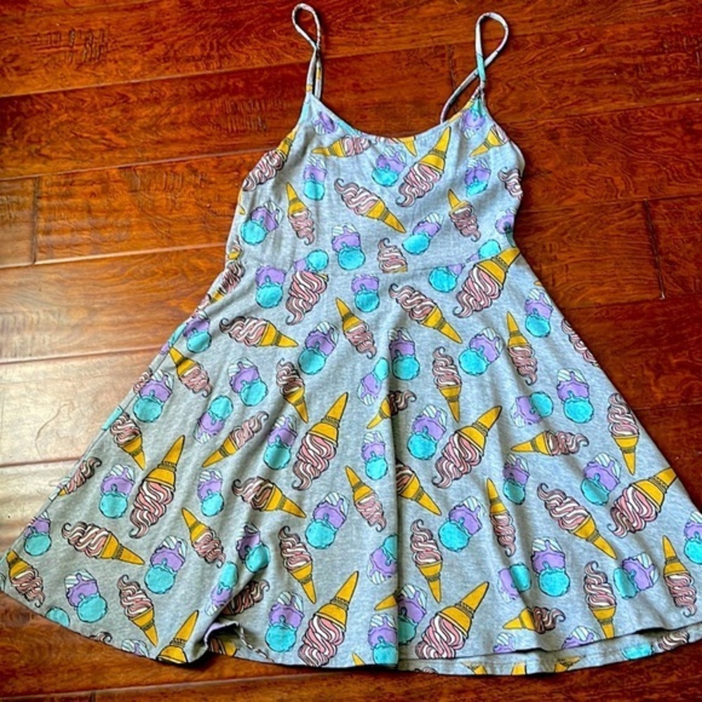 Divided ice cream dress grey w pink swirl vines & purple and blue double scoop